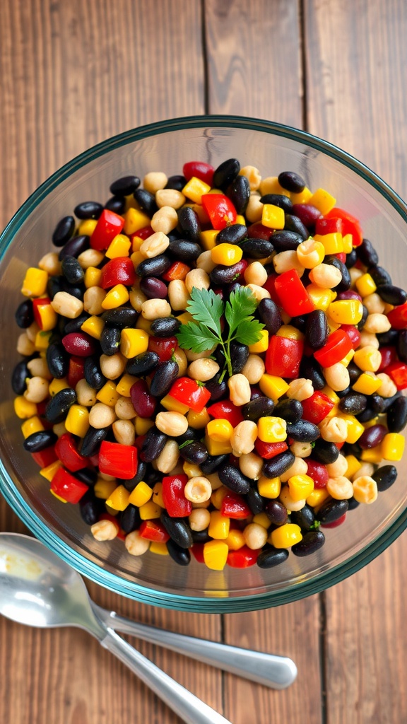 A vibrant three-bean salad with black beans, kidney beans, chickpeas, bell peppers, and corn on a wooden table.